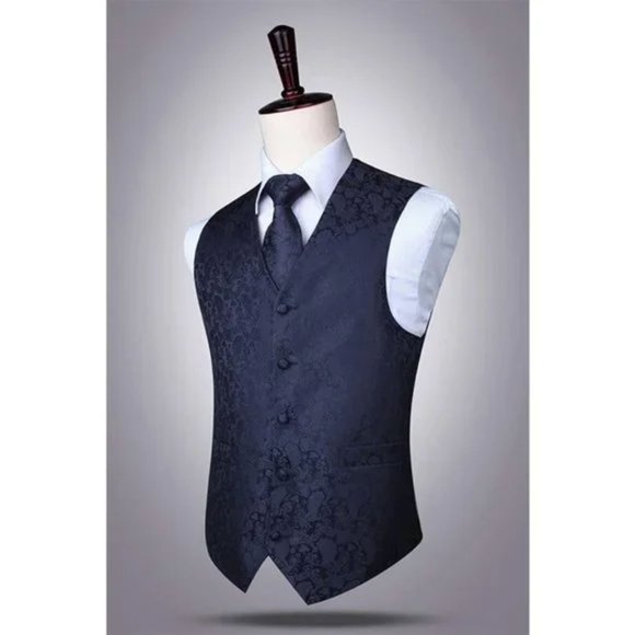 New 3PC Men's Paisley Floral Suit Vest Navy - Picture 7 of 8
